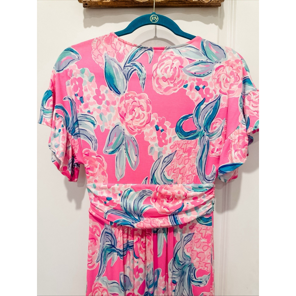 Lilly Pulitzer Maxi Dress Pink Positive Floral V-Neck Ruched Waist 58” Long Sml - Picture 7 of 10